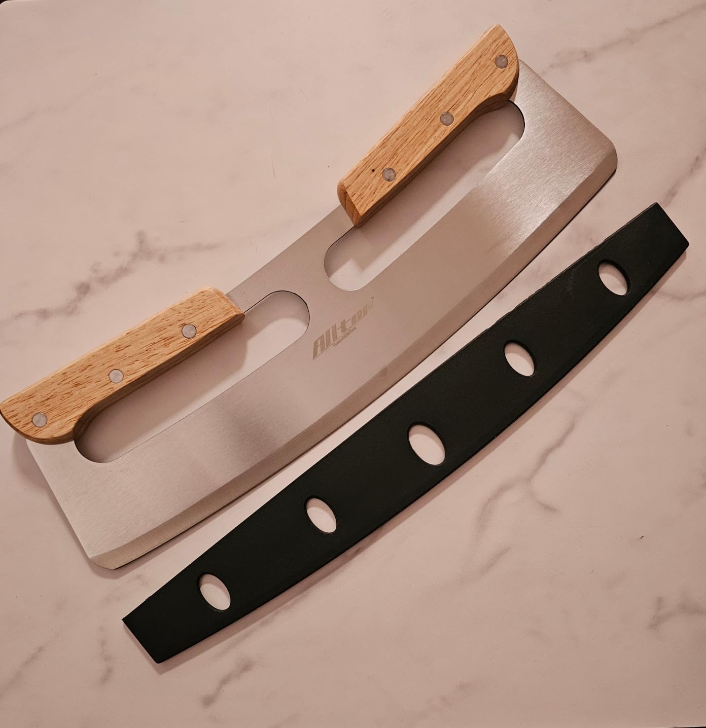 ALLTOP Pizza Cutter Rocker,Stainless Steel Blade Knife With Double Wooden Handle & Plastic Cover, Large Pizza Slicer/Chopper, Essential Kitchen Tool -14 In customer photo 2