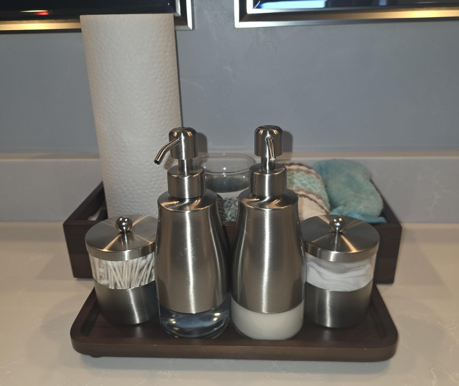 Gaussra Soap Dispenser with Coaster and Stickers, Brushed Nickel Stainless Steel Case Glass Liner Hand Pump Dispenser, Refillable Liquid Hand Soap Dispenser for Bathroom & Kitchen (11OZ / 320ML) customer photo 1