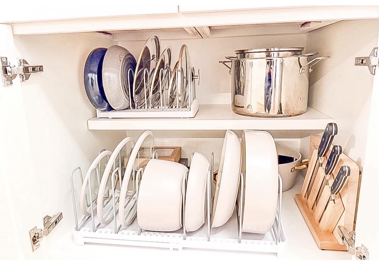 EVERIE Adjustable Bakeware Organizer Pot Lid Holder Rack for Pots, Cake Molds, Cutting Boards, Mats, Cookware, 7.7'' Deep by 12.6'' to 21.5'' Wide customer photo 2