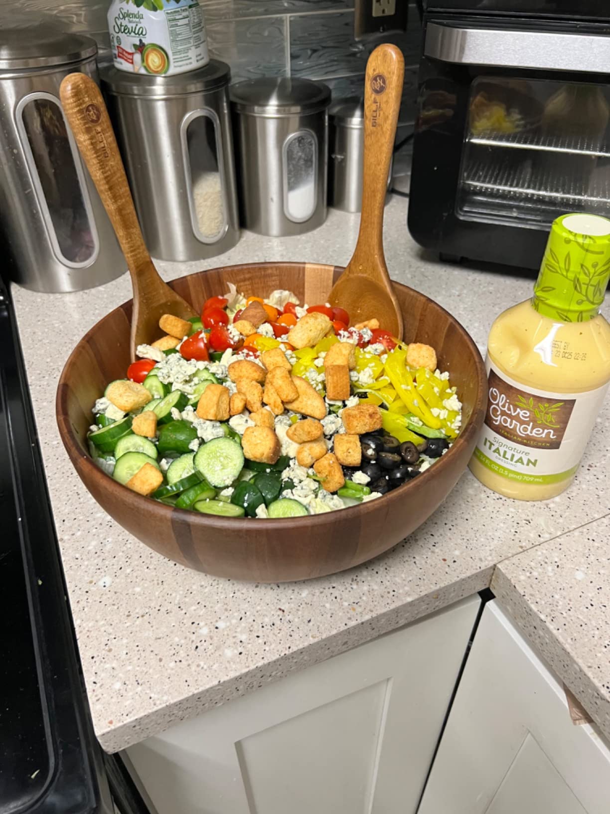 BILL.F Wooden Salad Bowl, 12'' Acacia Wood Salad Bowls Set Large Salad Mixing Bowl with Servers-3-Piece Big Salad Bowl Set customer photo 2