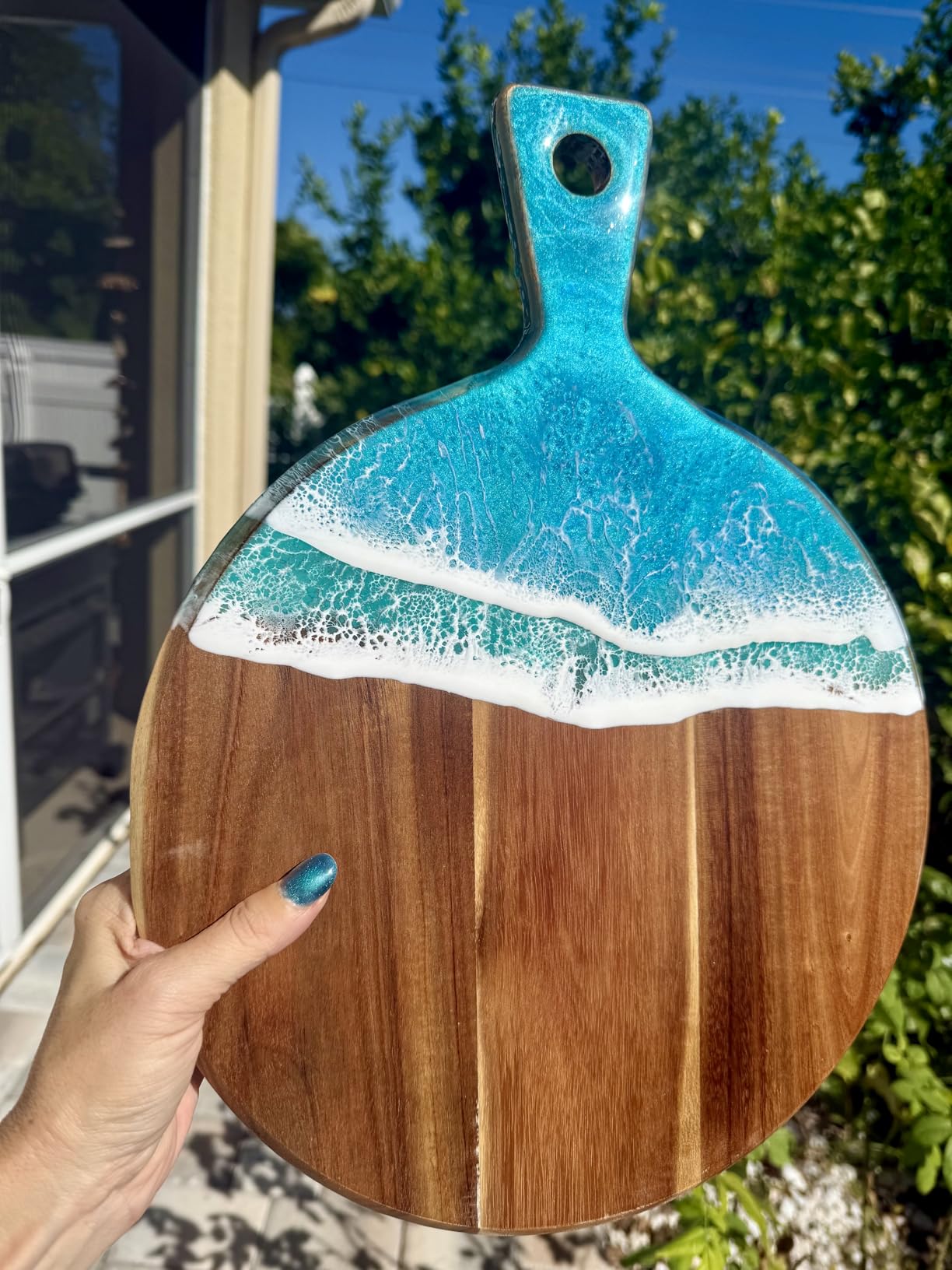 Acacia Wood Cutting Board with Handle Wooden Chopping Board Round Cutting Boards for Kitchen Decor Large Charcuterie Board Tray Teak Meat Cheese Board Bread Serving Platter Butcher Block Pizza Board customer photo 2