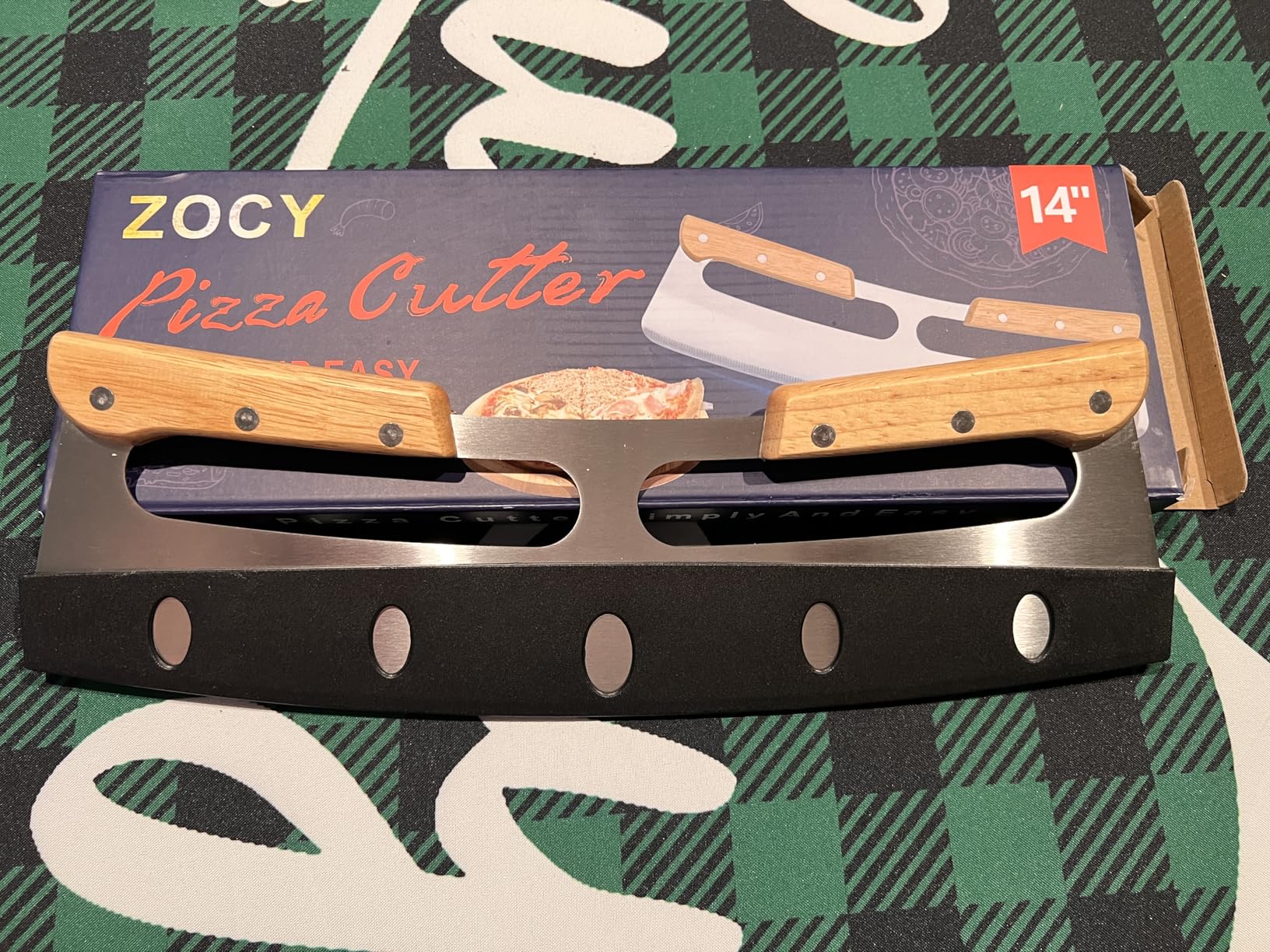 Pizza Cutter Rocker with Wooden Handles & Protective Cover by Zocy, 14\