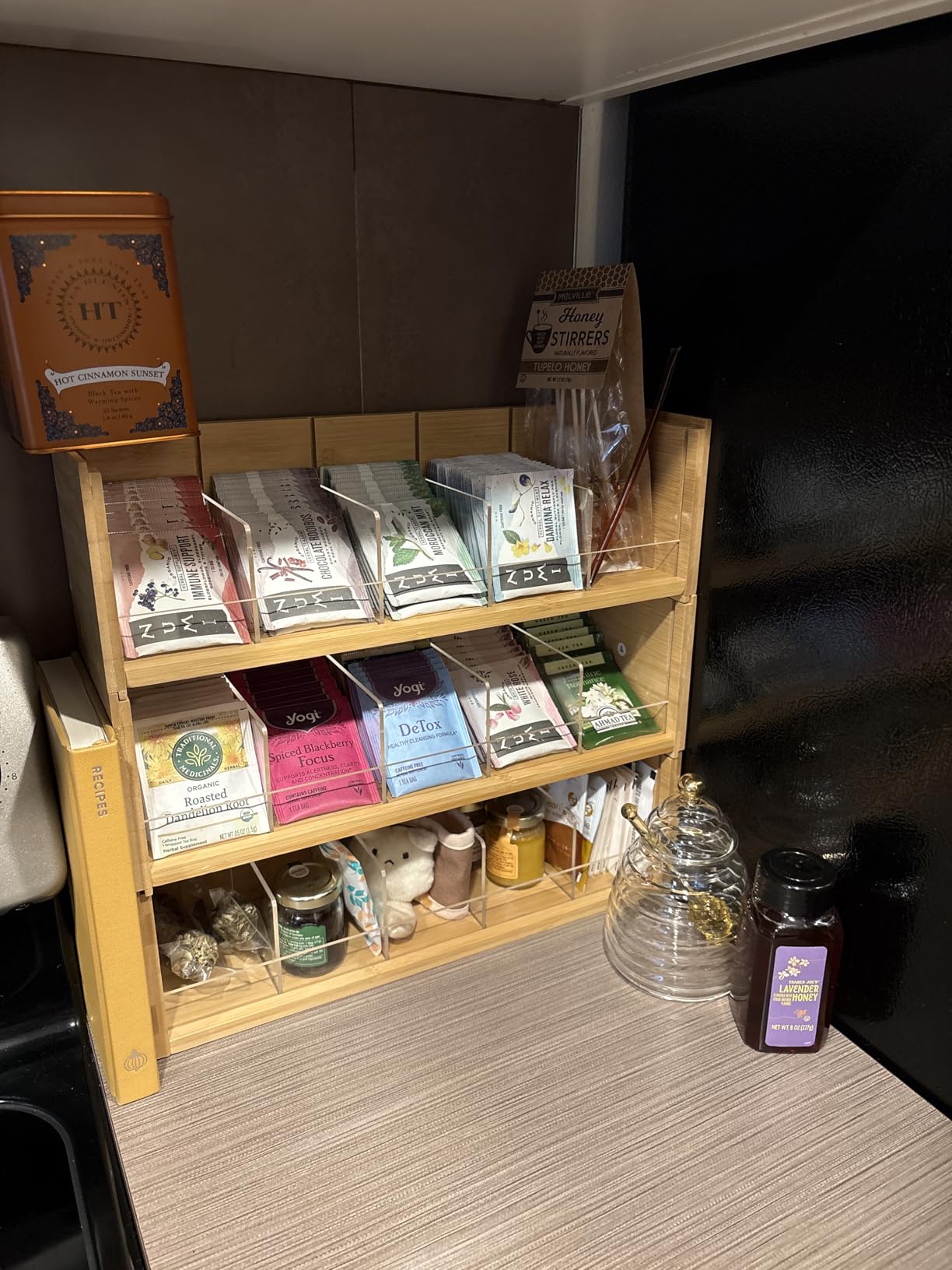 X-cosrack Bamboo Tea Bag Organizer Storage Box, 3 Tier Stackable Tea Bag Box Natural Wood, Wall Mount Tea Chests with Acrylic for tea bags Office Kitchen Cabinet Pantry customer photo 1