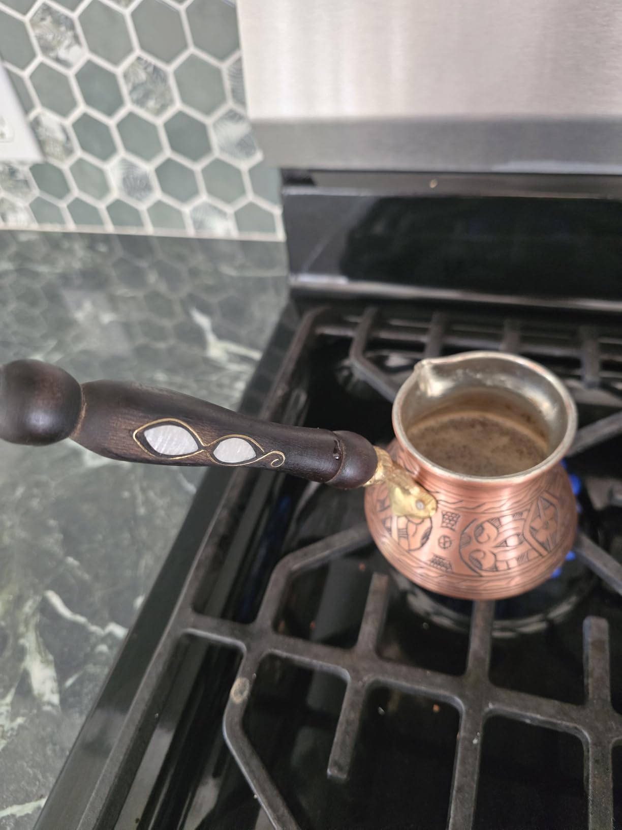 BCS 12 Oz Copper Turkish Greek Arabic Coffee Pot with Wooden Handle (4 servings) Cezve Ibrik Briki Stovetop Coffee Maker (Includes Wooden Spoon) customer photo 1