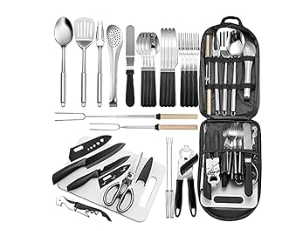 Portable Camping Kitchen Utensil Set-27 Piece Cookware Kit, Stainless Steel Outdoor Cooking and Grilling Utensil Organizer Travel Set Perfect for Travel, Picnics, RVs, Camping, BBQs, Parties and More customer photo 1