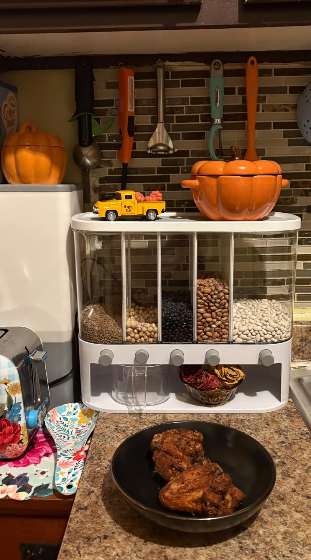Dry Food Dispenser,Wall mounted 5 Grid Cereal Dispenser,Rice dispenser 25 pounds Kitchen Storage with Measuring Cup customer photo 1