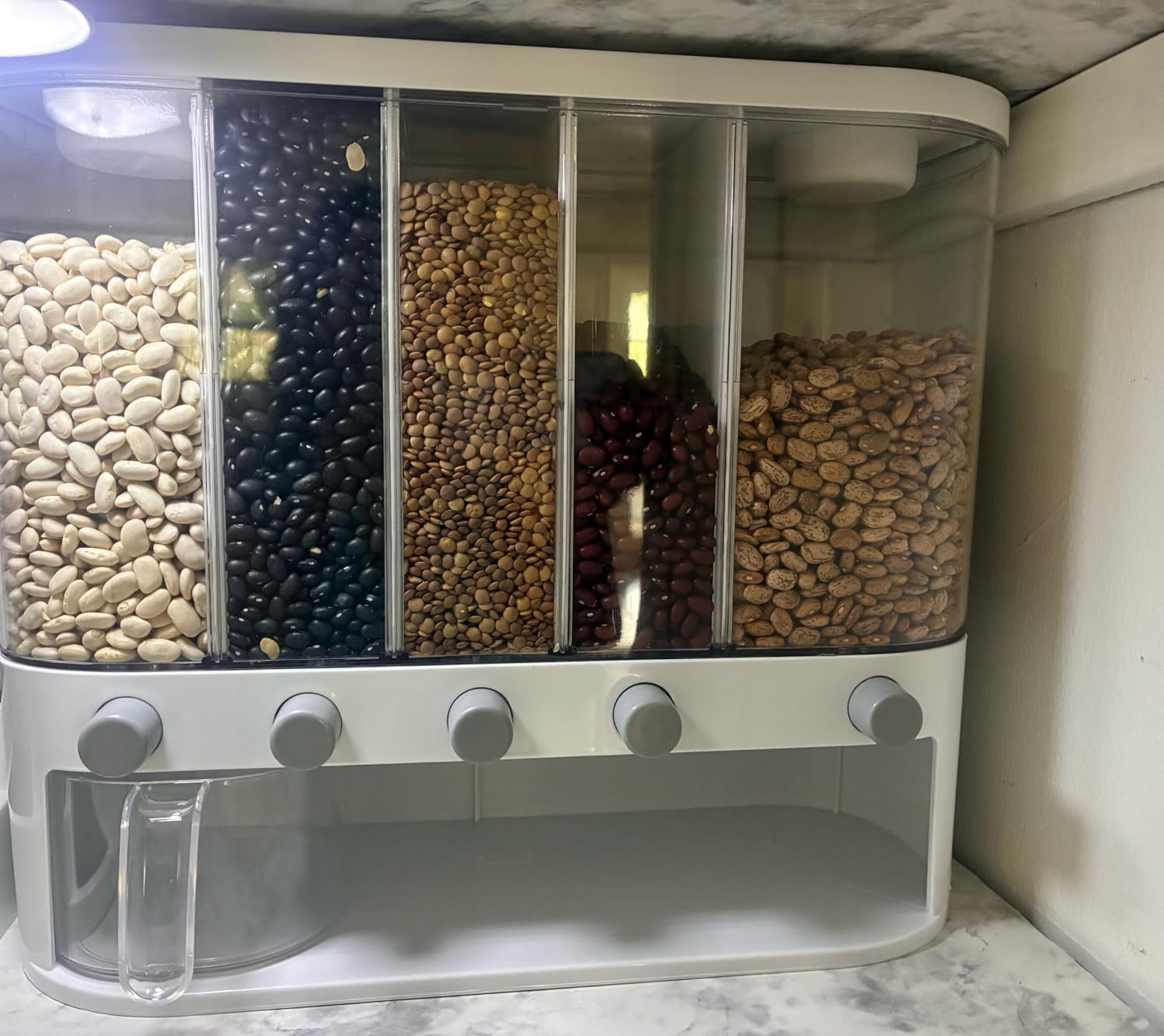 Dry Food Dispenser,Wall mounted 5 Grid Cereal Dispenser,Rice dispenser 25 pounds Kitchen Storage with Measuring Cup customer photo 2