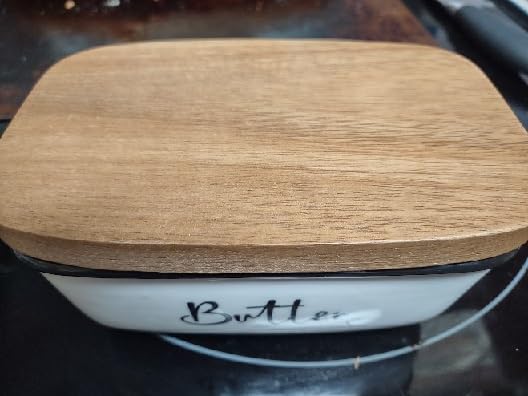 Butter Dish with Lid, ALELION Large Ceramic Butter Dish for Countertop, Butter Keeper with Thick Acacia Wood Lid, Kitchen Decor and Accessories for Kitchen Gifts, White customer photo 1