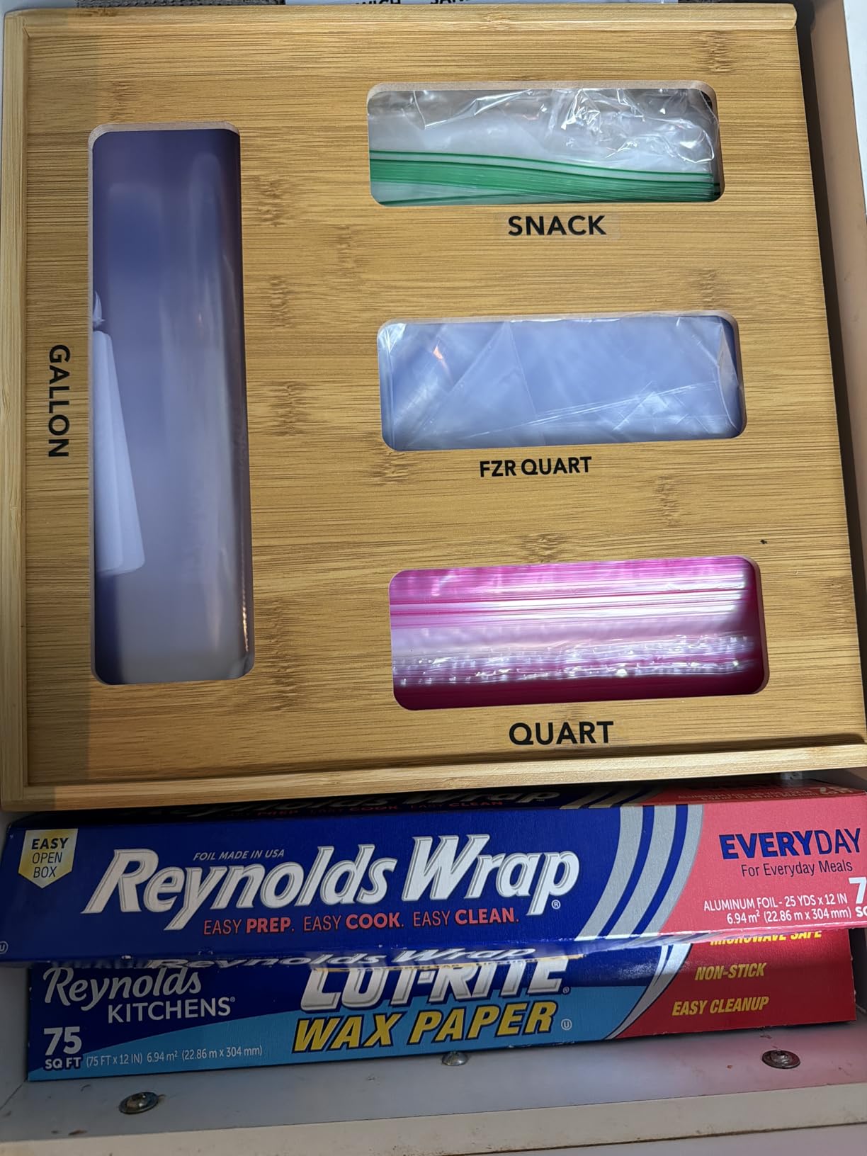 SpaceAid Bag Storage Organizer for Kitchen Drawer, Bamboo Organizer, Compatible with Gallon, Quart, Sandwich and Snack Variety Size Bag (1 Box 5 Slots) customer photo 2
