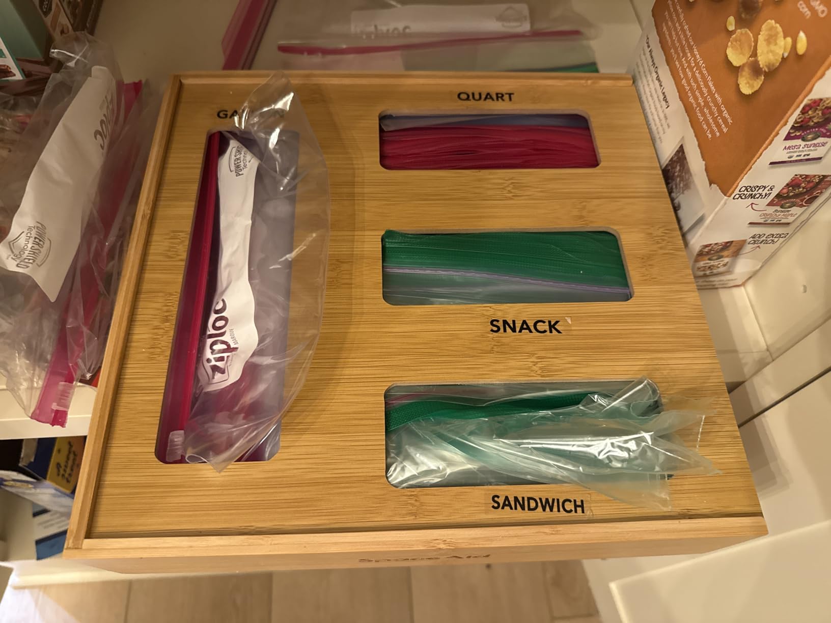 SpaceAid Bag Storage Organizer for Kitchen Drawer, Bamboo Organizer, Compatible with Gallon, Quart, Sandwich and Snack Variety Size Bag (1 Box 4 Slots) customer photo 1