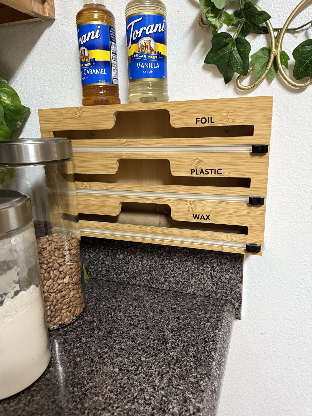 SpaceAid WrapNeat 3 in 1 Wrap Organizer with Cutter and Labels, Plastic Wrap, Aluminum Foil and Wax Bamboo Dispenser for Kitchen Storage Organization Holder for 12