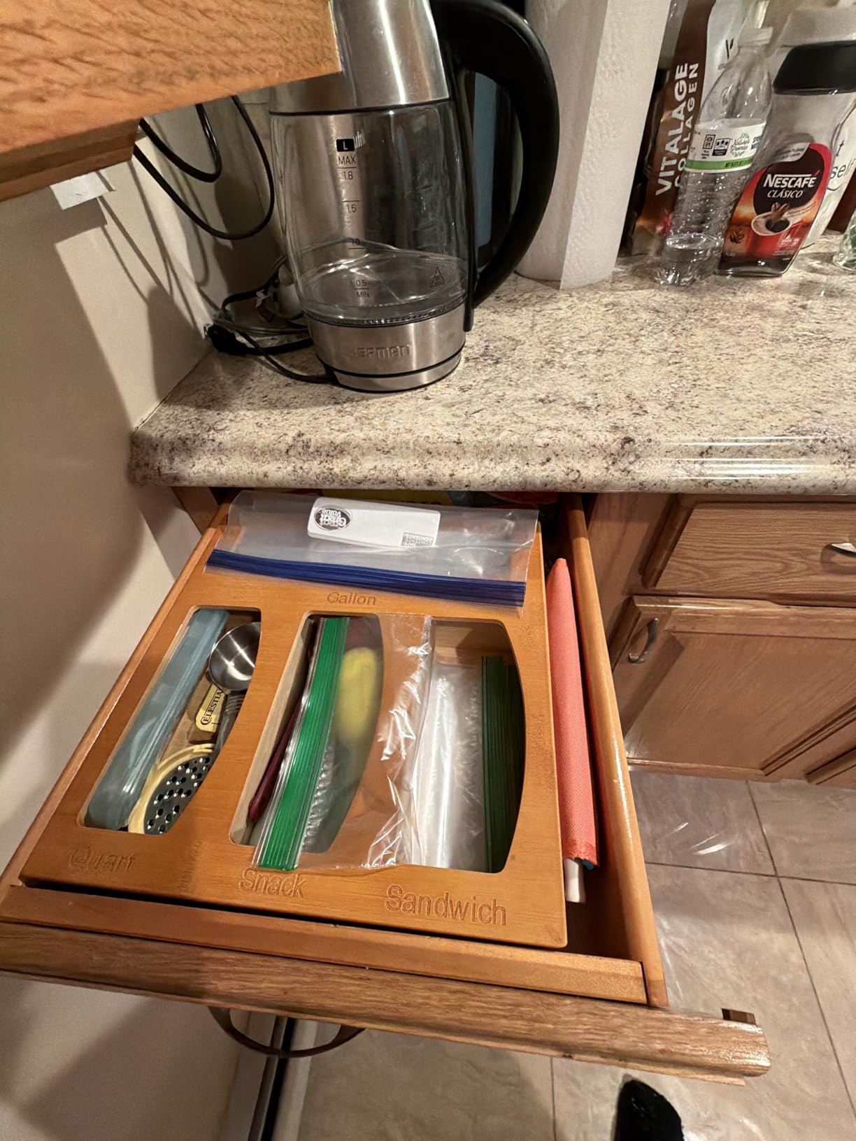 Bamboo Plastic Bag Storage Organizer for Kitchen Drawer, 4 Separate Baggie Organizer, Suitable for Gallon, Quart, Sandwich & Snack Variety Size Bag customer photo 1