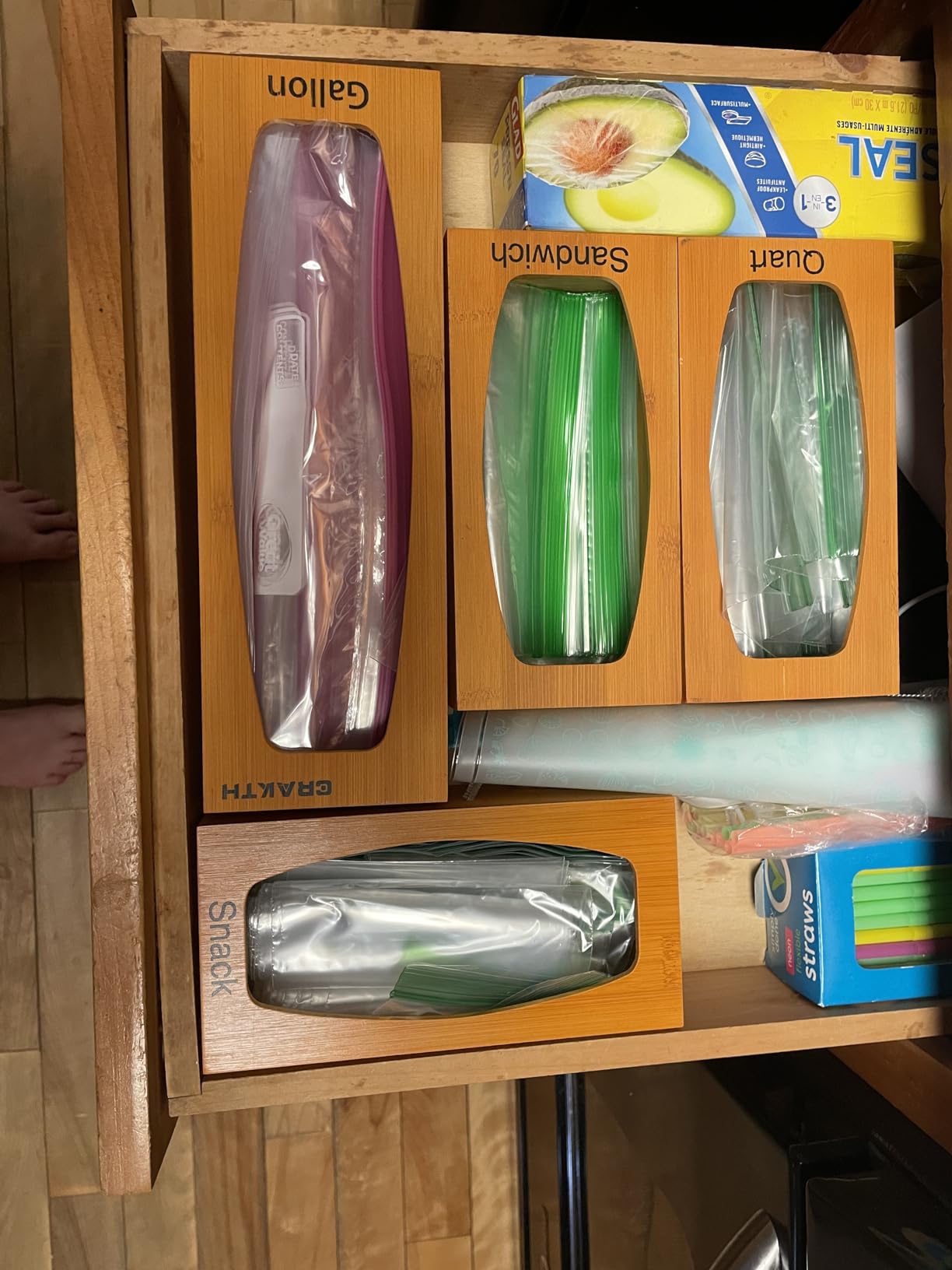 Bamboo Plastic Bag Storage Organizer for Kitchen Drawer, 4 Separate Baggie Organizer, Suitable for Gallon, Quart, Sandwich & Snack Variety Size Bag customer photo 2