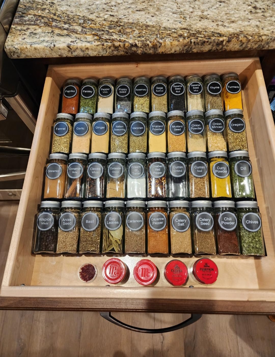 SpaceAid Spice Drawer Organizer with 28 Spice Jars, 386 Spice Labels, 4 Tier Seasoning Rack Tray Insert for Kitchen Drawers, 13