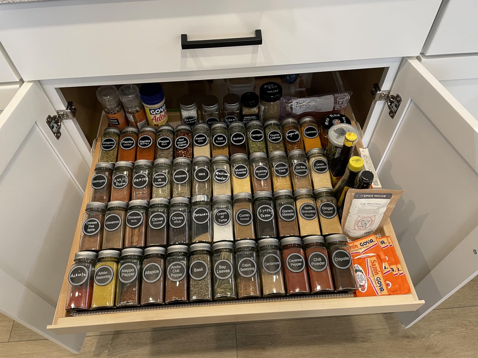 SpaceAid Spice Drawer Organizer with 28 Spice Jars, 386 Spice Labels, 4 Tier Seasoning Rack Tray Insert for Kitchen Drawers, 13