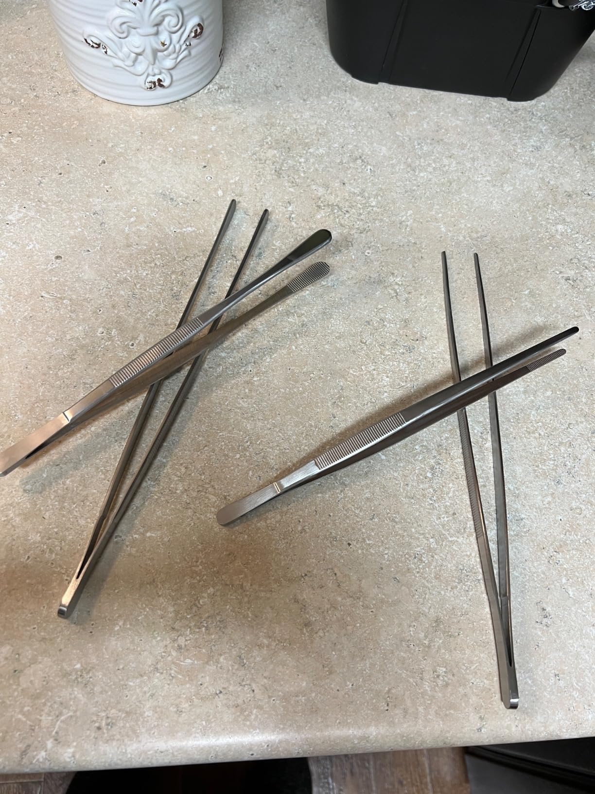 4 Pcs Fine Long Tweezer Tongs Professional Black, 12'' and 10'' Stainless Steel for Kitchen, Food, Cooking, Repairing, Sea food and BBQ customer photo 1