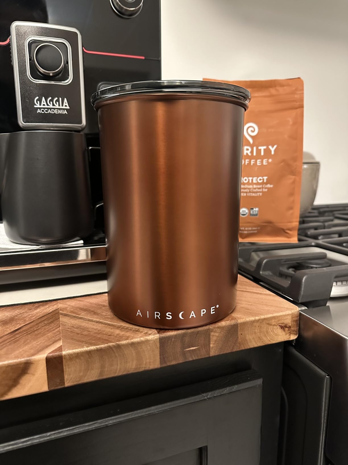 Planetary Design Airscape Stainless Steel Coffee Canister | Food Storage Container | US Patented Inner Plunger Lid REMOVES Excess Oxygen | Don't Buy airtight, Buy AIR-Less | (Medium, Brushed Copper) customer photo 2