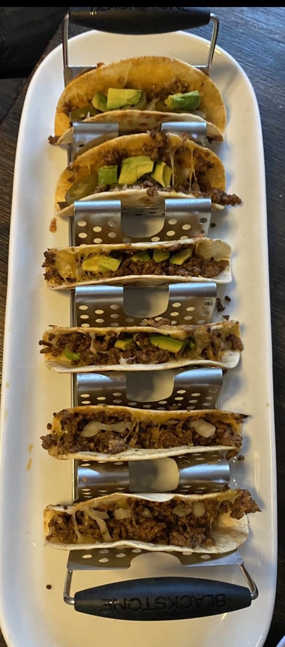 BLACKSTONE 5551 Deluxe Taco Holder Stand Pack of 2 - Stainless Steel Taco Racks With Heat Resistant Handles - One Tray Holds 6 Tacos - Dishwasher Safe, Black/Silver customer photo 2