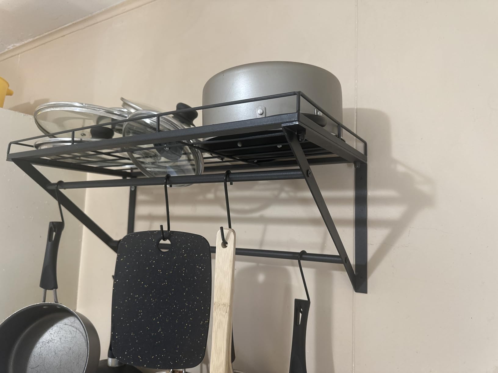 OROPY 31 Inch Wall Mounted Pot Rack Storage Shelf with 2 Tier Hanging Rails 14 S Hooks included, Ideal for Pans, Utensils, Cookware - Black customer photo 1
