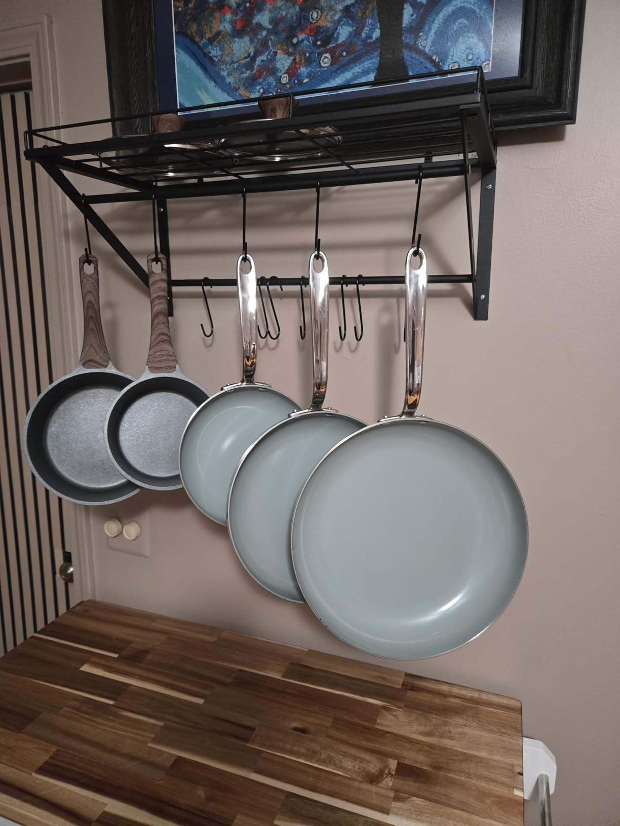 OROPY 31 Inch Wall Mounted Pot Rack Storage Shelf with 2 Tier Hanging Rails 14 S Hooks included, Ideal for Pans, Utensils, Cookware - Black customer photo 2