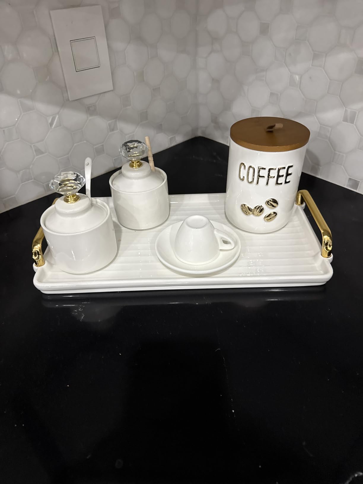 DUJUST Porcelain Serving Tray with Handles, Luxury British Style Coffee Table Tray with Golden Rim, Beautiful Tea Tray Decor for Living Room, Easy to Use & Clean customer photo 1
