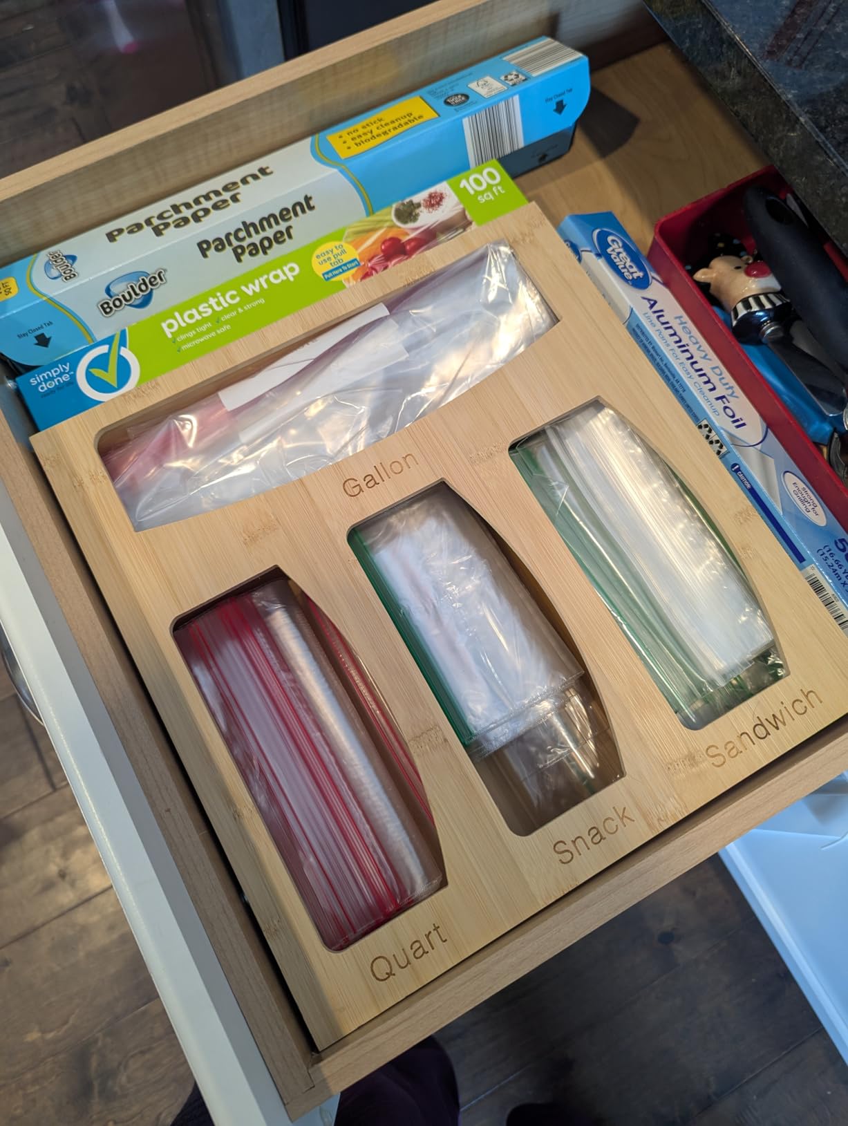 Bamboo Food Bag Storage Organizer for Kitchen Drawer, Baggie Holder for Solimo, Glad, Hefty Gallon, Quart, Sandwich and Snack Variety Size Bags (1 Box 4 Slots) customer photo 1