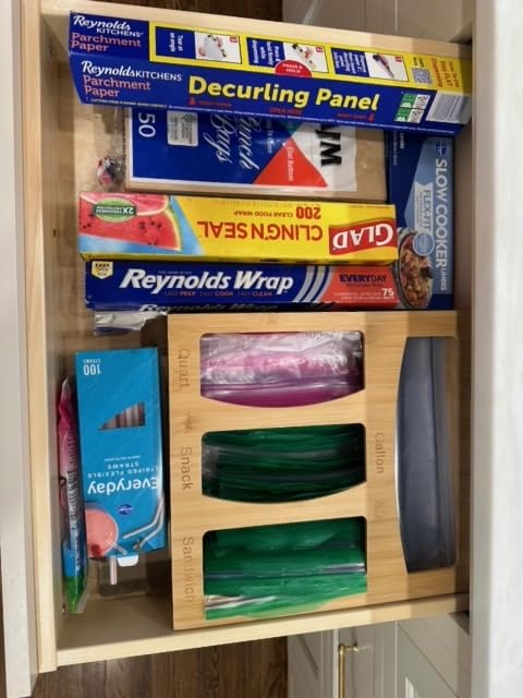 Bamboo Food Bag Storage Organizer for Kitchen Drawer, Baggie Holder for Solimo, Glad, Hefty Gallon, Quart, Sandwich and Snack Variety Size Bags (1 Box 4 Slots) customer photo 2