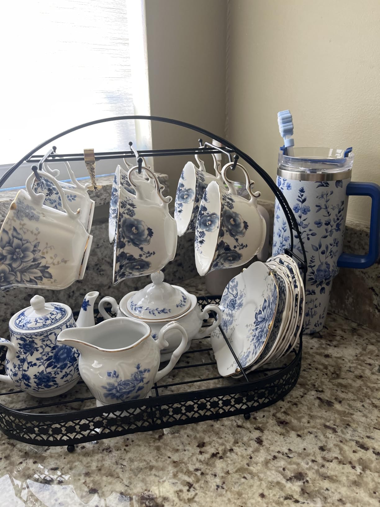 Jomop Ceramic Tea Cups Coffee Cup and Saucers Set of 4 (Blue and White) customer photo 2