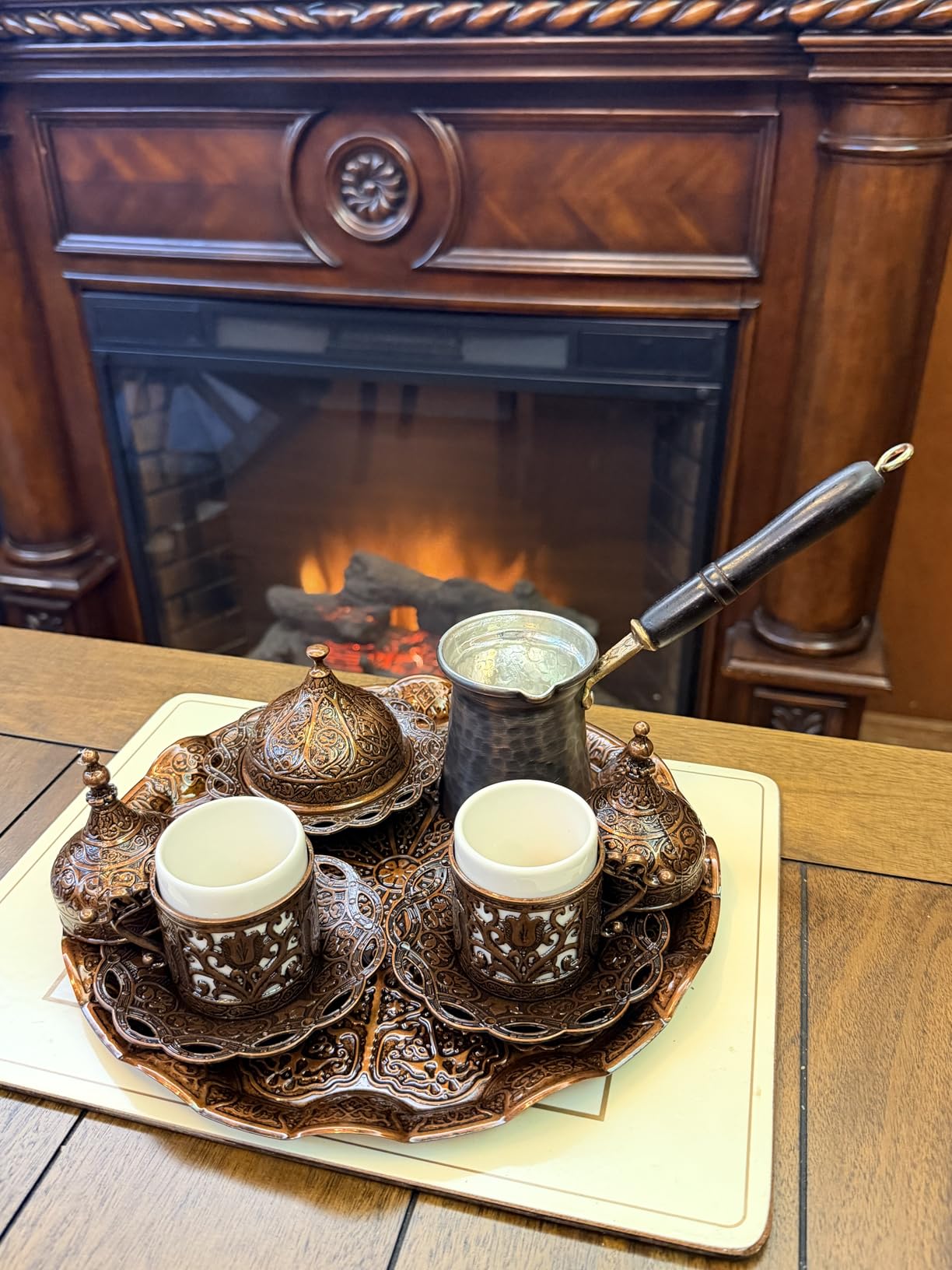 DEMMEX Turkish Greek Arabic Coffee Making and Serving Full Set with Cups Saucers Lids Sugar Bowl Tray and Copper Coffee Pot, Hand Decorated with Gold Crystals, 12 Pcs customer photo 1