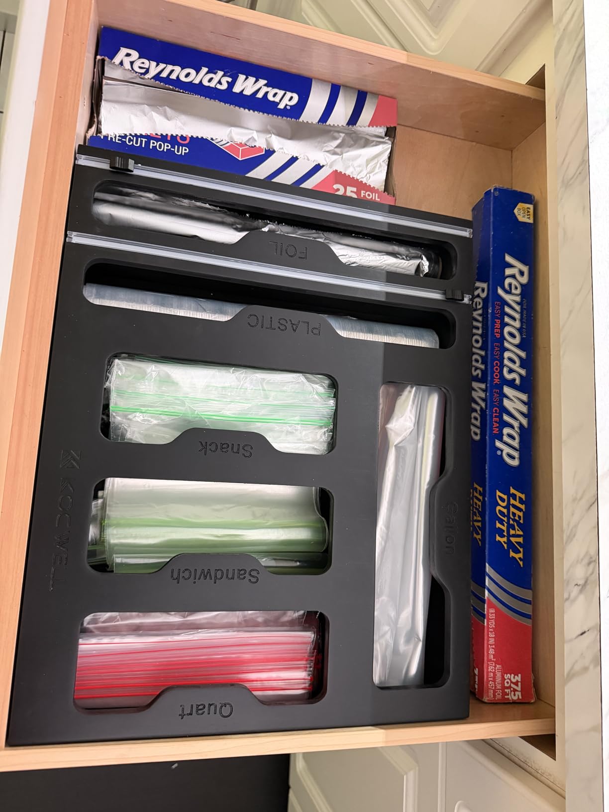 KOCWELL Bag Organizer and Plastic Wrap Dispenser with Cutter, 6 In 1 Bamboo Foil and Plastic Wrap Organizer for Kitchen Drawer, Food Storage Bag Organizer for Gallon,Quart,Sandwich,Snack(Yellow) customer photo 2