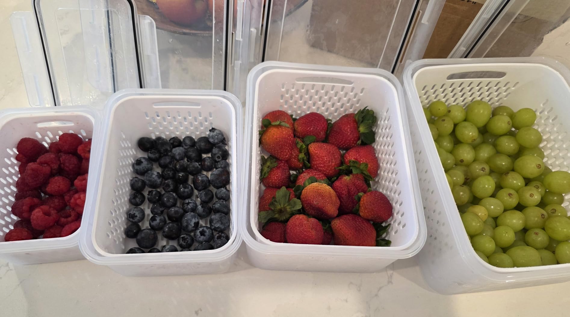 5 PCS Large Fruit Containers for Fridge - Leakproof Food Storage Containers with Removable Colander - Dishwasher & microwave safe Produce Containers Keep Fruits, Vegetables, Berry, Meat Fresh longer customer photo 2