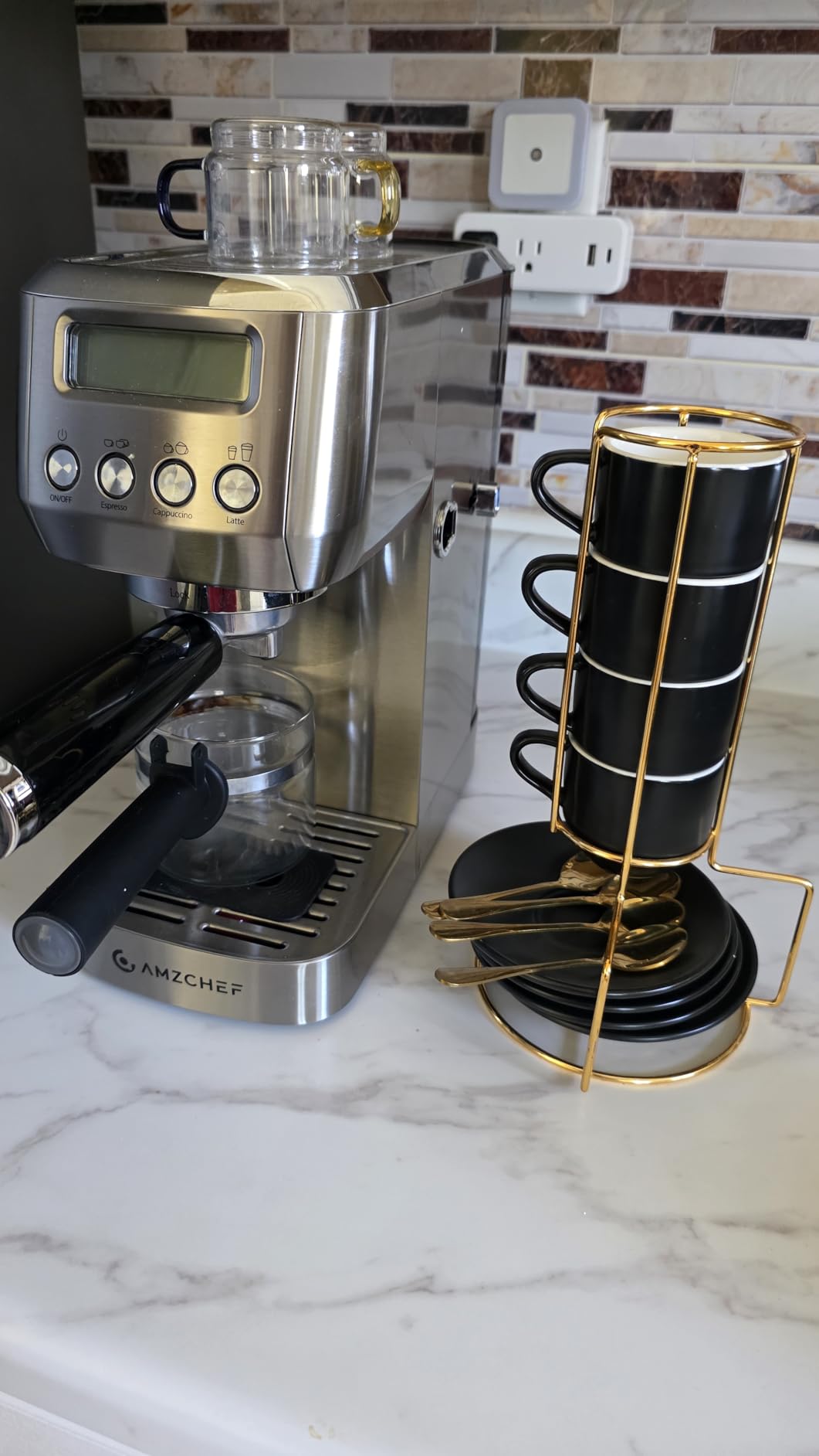 Lareina Porcelain 3-Ounce Espresso Cups Set of 6, Small Stackable Coffee Cups with Saucers, Spoons and Metal Stand - Ceramic Demitasse Mugs, Double Shots Expresso Cup, Matte Black customer photo 1