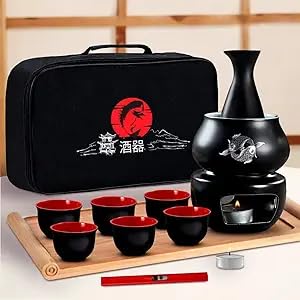 Japanese Sake Set with Warmer | 11 pc | 6 sake cups only | non electric sake warmer | sake bottle | candles | lighter | bamboo sake flight tray for sake cup set | bomb gift kit for chinese sake set customer photo 1