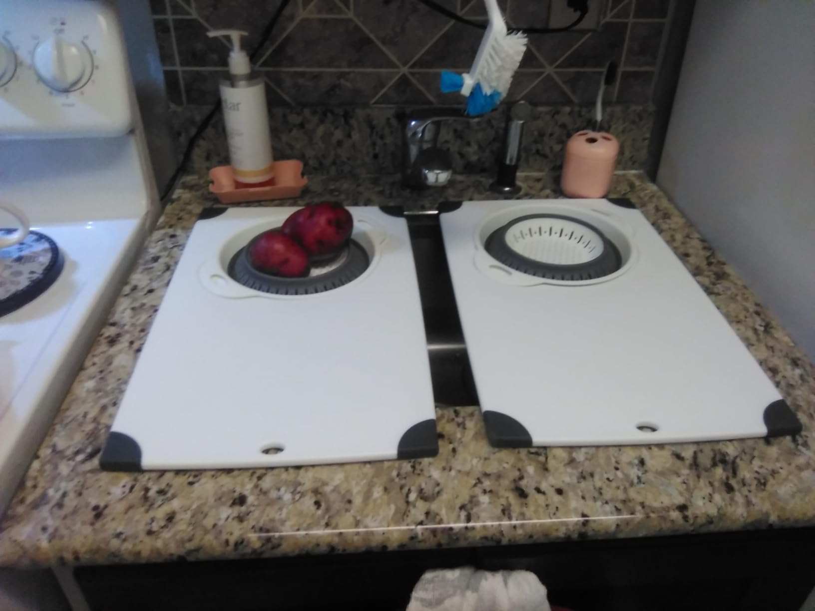 NiHome Over the Sink Cutting Board with Collapsible Colander, 2-In-1 Sink Drainer Board 11