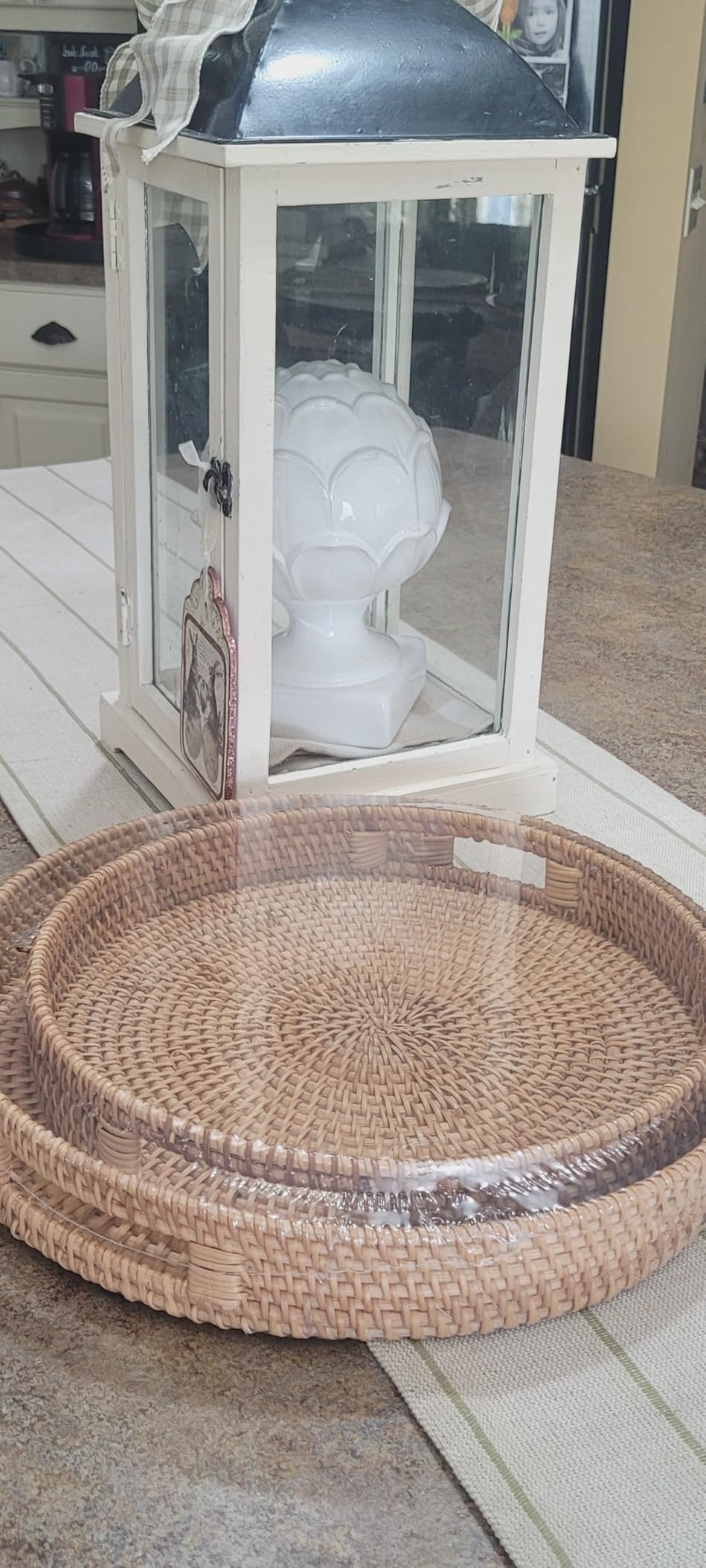 Round Rattan Serving Tray with Handles,2 Hand Woven Basket, Home Decor Organizer Tray for Breakfast, Tea, Snack, Fruit, Coffee, Storage (Large + Medium) customer photo 1
