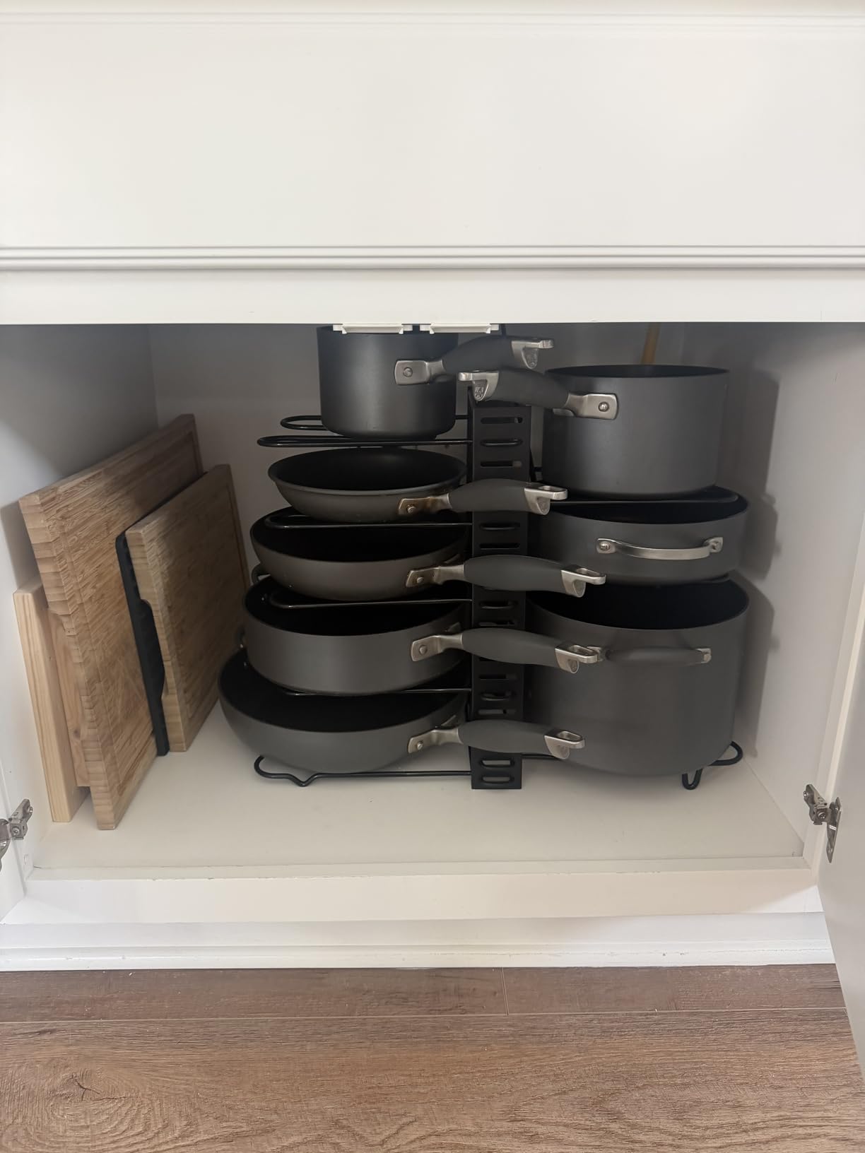 Pots and Pans Organizer Under Cabinet - 8-Tier Adjustable Pan Organizer Rack for Cabinet - Heavy-Duty Pot & Pan Organizer - Perfect to Store Pots, Pans, Lids - Easy Kitchen Organization and Storage customer photo 2