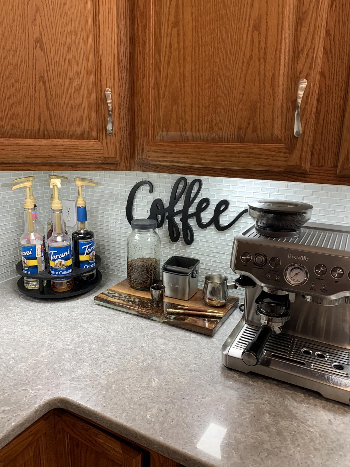 THYGIFTREE Rotating Coffee Syrup Organizer for Countertop, 9-Bottle Wooden Syrup Rack & Bottle Holder for Coffee Bar Station, Turntable Display Stand, Brown customer photo 1