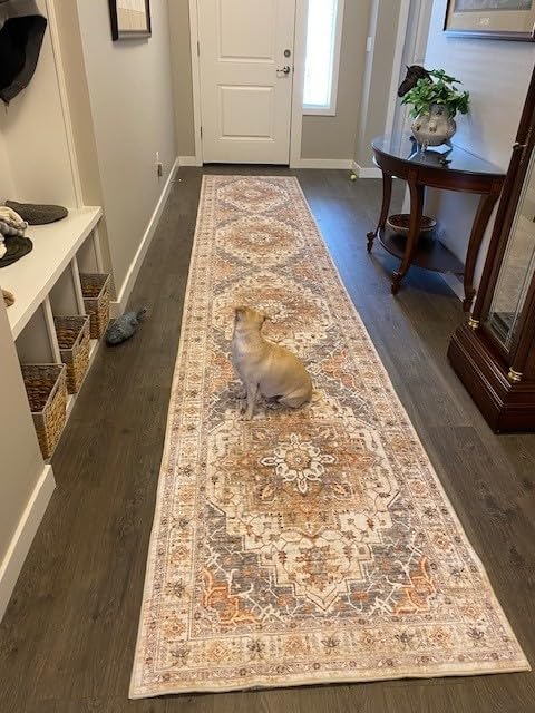 Madane Runner Rug 2x8, Washable Hallway Runner Rugs, Non-Slip Low-Pile Soft Kitchen Rug Runner Laundry Room Rug, Vintage Throw Entry Foyer Mat for Entrance Living Room (Turmeric/Grey, 2 x 8) customer photo 1