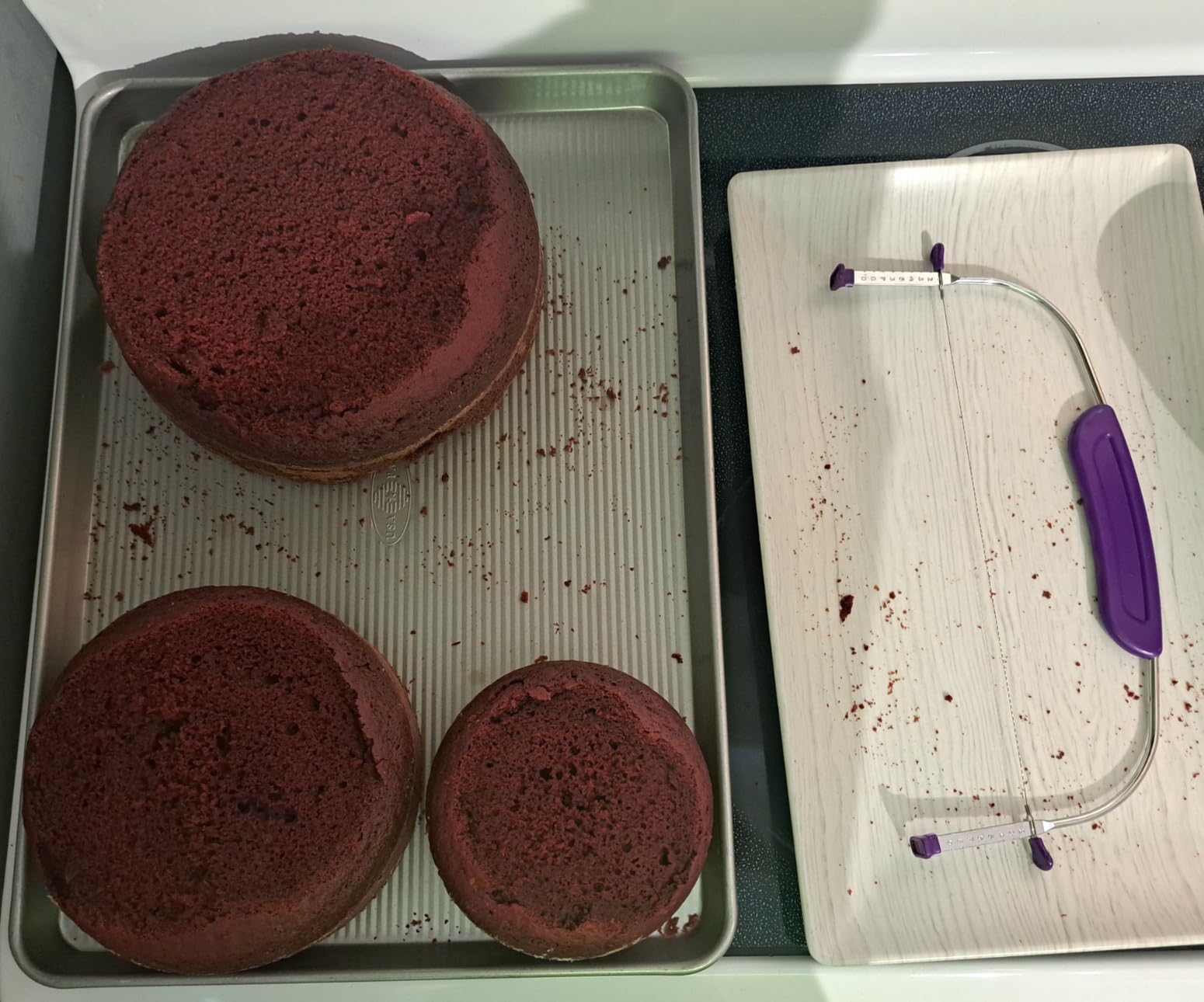 Adjustable Cake Leveler Cutter, Baking Supplies Tool for Kitchen, Professional Large Size Cake Cutter Slicer for Leveling, Single Stainless Steel Wire and Plastic Handle (Purple, 1pc) customer photo 1