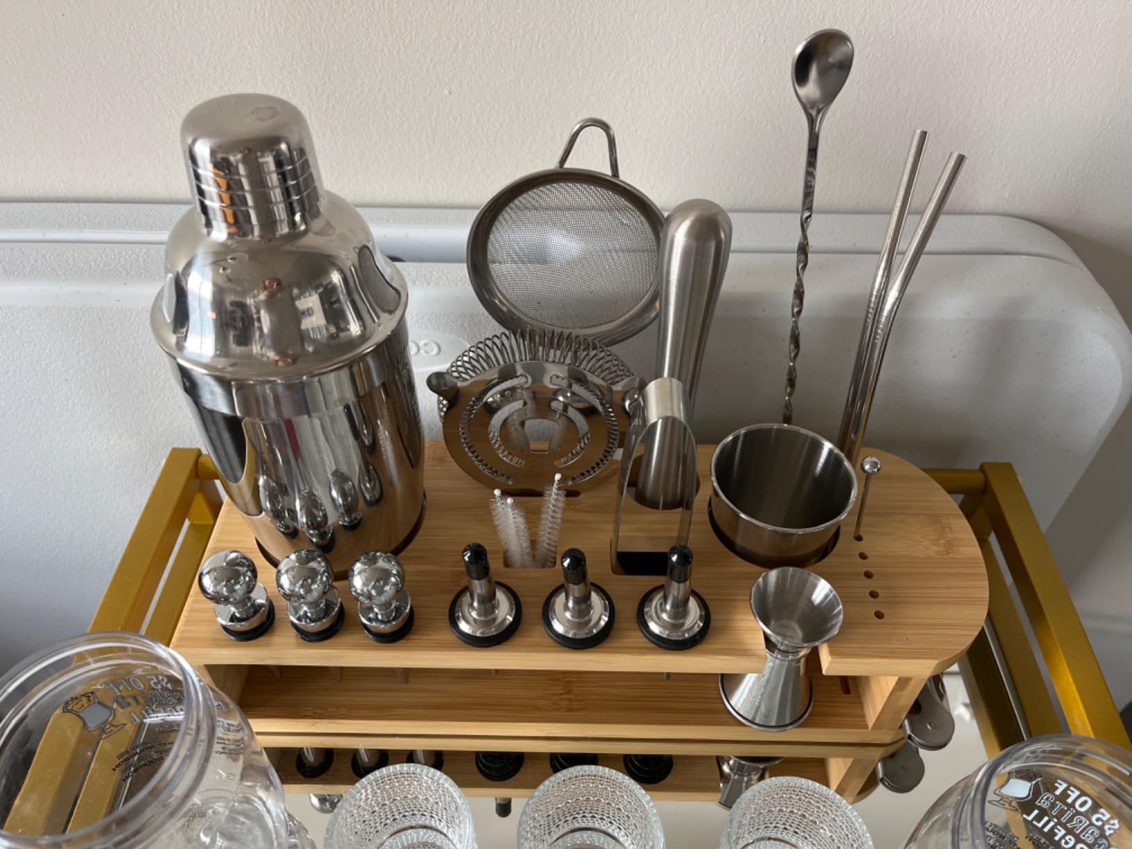 Boston Shaker Set, Weighted Cocktail Shaker & Mixology Bartender Kit - Heavy Duty 18/8 Stainless Steel Tins with Black Bamboo Stand - Includes Fine Mesh Strainer & Jigger customer photo 1