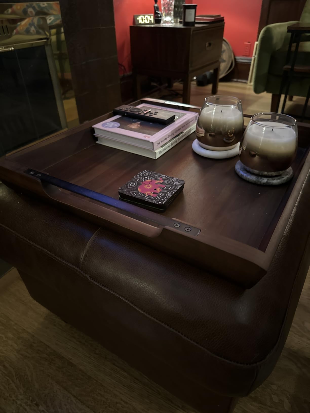 Acacia Wood Serving Tray with Metal Handles, 17x13in Large Ottoman Tray, Food Drinks Tray for Coffee Table, Breakfast, Dinner & Bar, Rustic Decorative Tray for Kitchen, Bedroom Gift Box customer photo 1