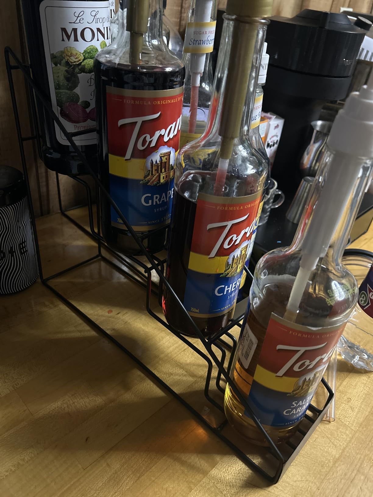 mustry Coffee Syrup Rack for Coffee Bar Accessories, Coffee Syrup Holder Fits with Torani and Monin Syrup, Coffee Bar Organizer Holds 4 Bottles, 2 Pack customer photo 1