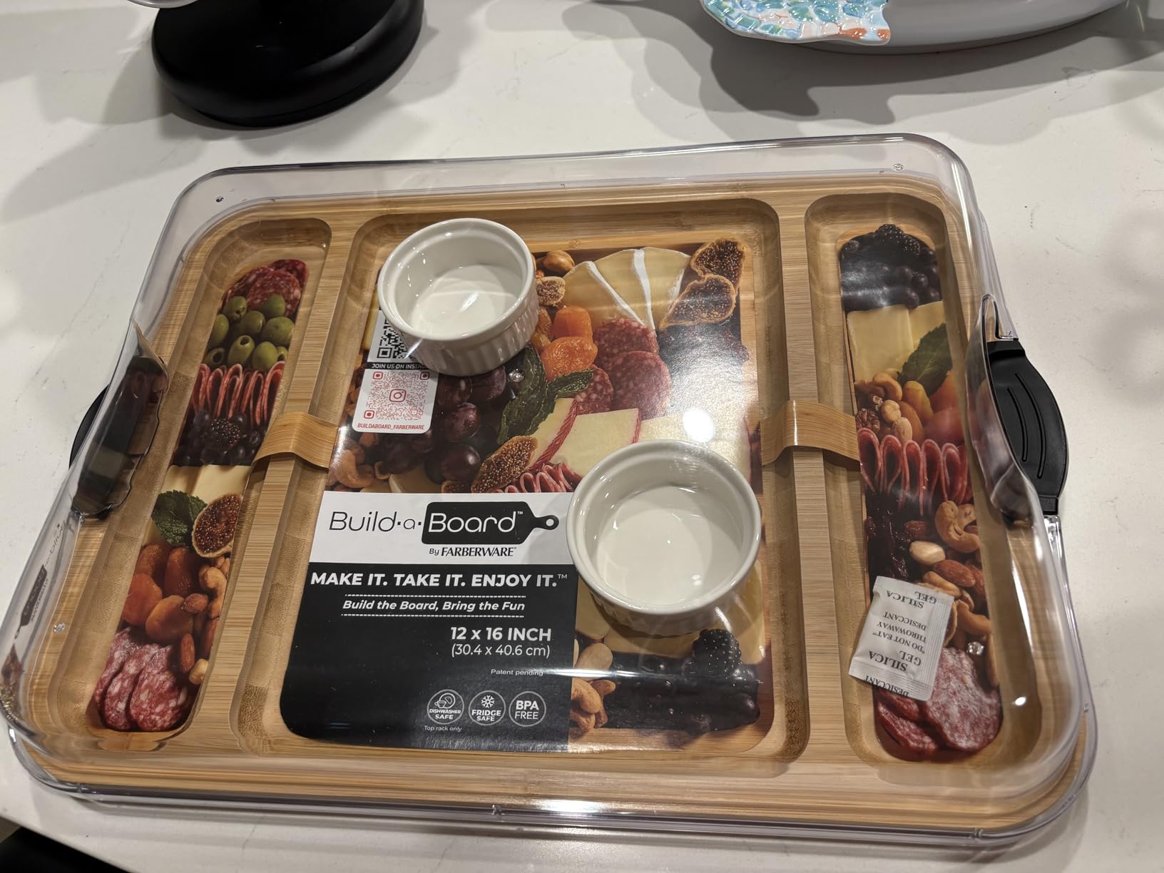 Farberware Build-A-Board Bamboo Cutting Board with Built-In Compartments & Clear Locking Lid, Black Handles - Charcuterie, Snack Tray, Food Prep and Serving Platter customer photo 1