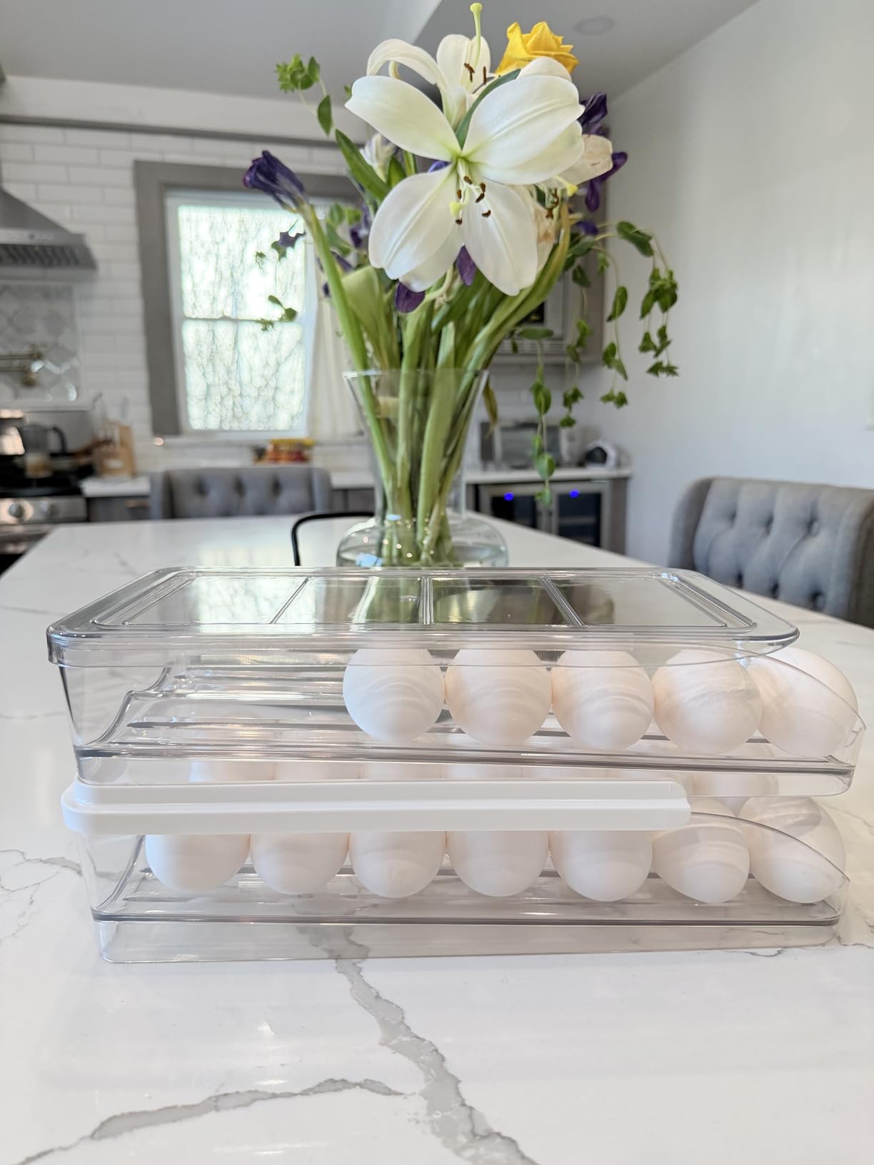 Egg Holder for Fridge, Automatic Rolling Egg Container for Refrigerator, Stackable Fridge Organizers and Storage with Lid, Clear Plastic Egg Dispenser & Tray (2 Tier) customer photo 1
