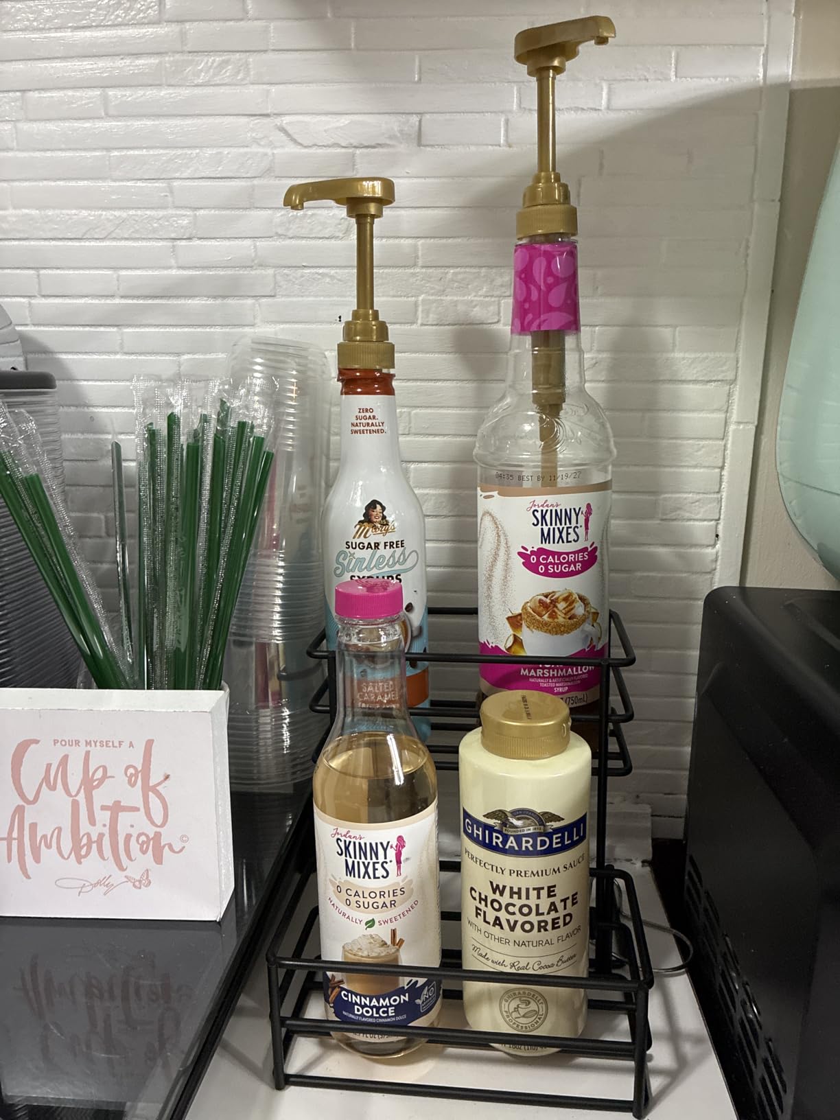 Coffee Syrup Rack (4 Bottle Capacity)，Coffee Syrup Organizer for Coffee Bar,Kitchen.Small Wine Rack for Bar,Family,Storage for Syrup, Wine, Dressing customer photo 1