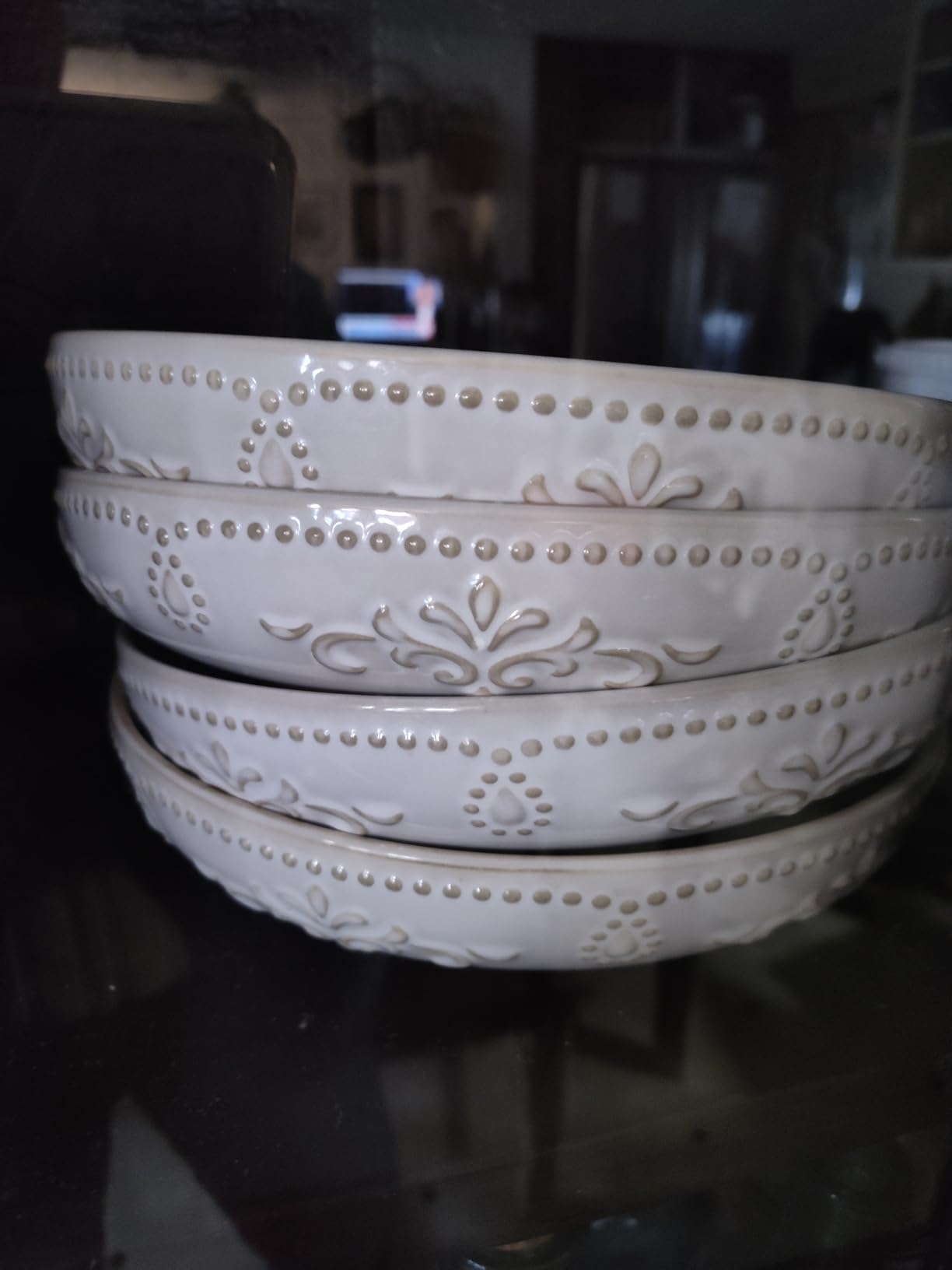 Artena Pasta Bowls, 50oz Large Salad Serving Bowls, 9.75'' Plates Bowls Set of 4, Big White Ceramic Soup Bowls for Kitchen, Embossment Shallow Dinner Bowl, Microwave Dishwasher Safe, Multiple Patterns customer photo 2