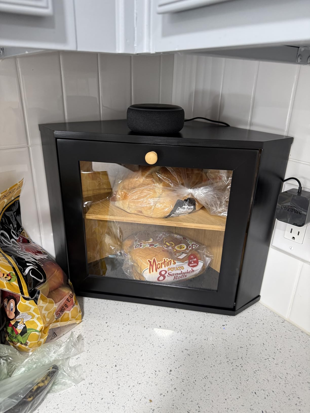 Corner Bread Box for Kitchen Countertop, Black Bread Storage Container for Homemade Bread, Two Layer Breadbox under Cabinet Mount, Large Bread Holder for Kitchen Counter, Pantry Shelf customer photo 2