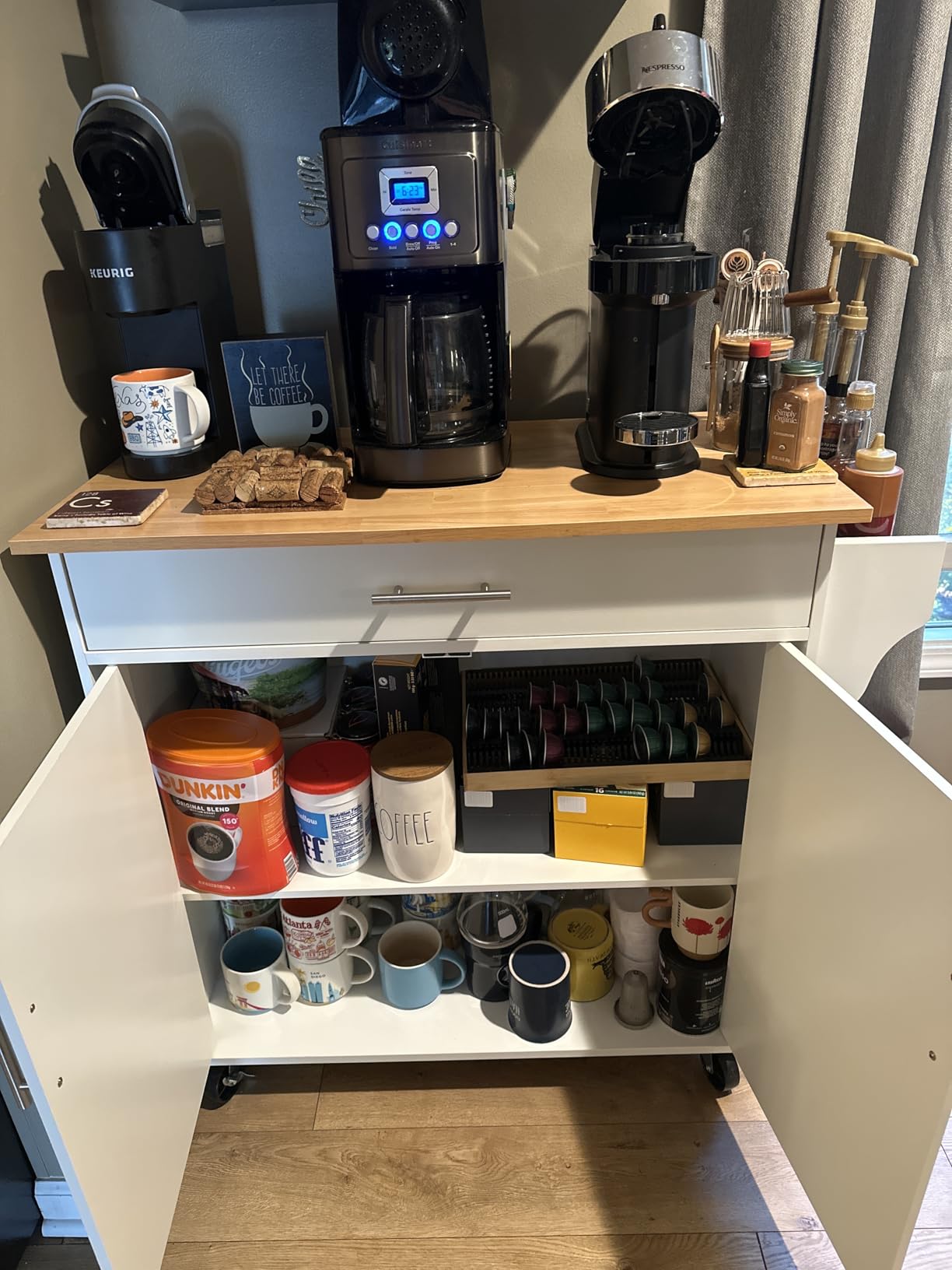 Kitchen Island with Storage, Wooden Rolling Kitchen Island On Wheels with Wood Top, Mobile Kitchen Bar Cart Cabinet with Towel Rack, Spice Rack and Drawers, White customer photo 2