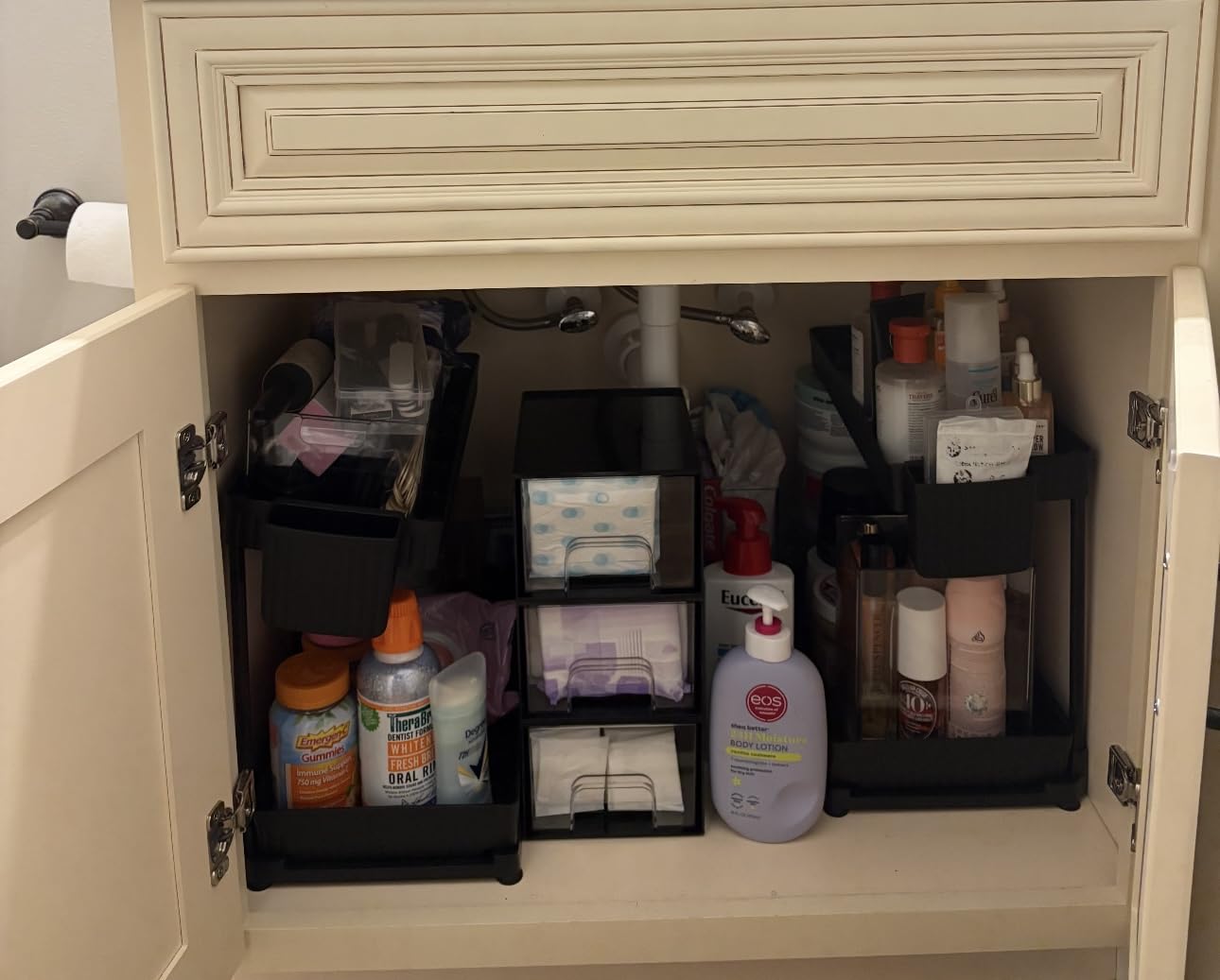 3 Pack Multi-Purpose Under Sink Organizers and Storage, 2026 L-Shaped Pull Out Cabinet Organizer for Bathroom & Kitchen, Under Cabinet Organizer with Hooks Hanging Cup (Black, 12.85 inch) customer photo 2