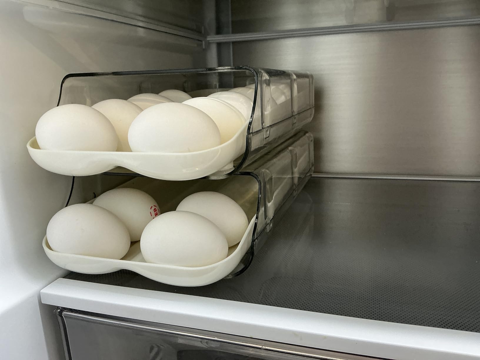 theaoo Egg Holder for Fridge, Automatic Rolling Egg Container for Refrigerator, Clear Plastic Egg Dispenser, Stackable Eggs Organizer with Quick Removable inner Tray For Organizers and Storage, 2 Pack customer photo 1